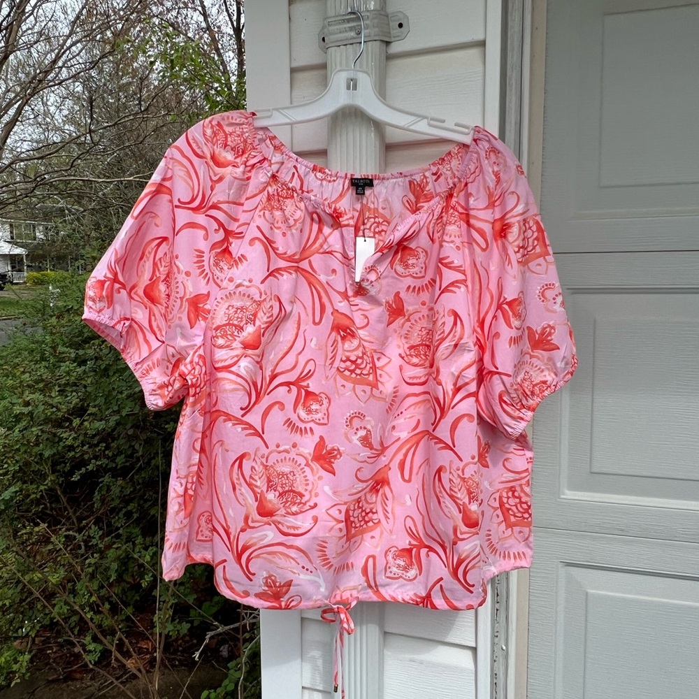 NWT Talbots Pretty Pink Orange Floral Peasant Style Short Sleeve Blouse